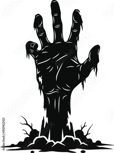 A black silhouette of a zombie hand emerging from the ground