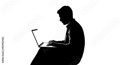 A silhouette of a person sitting and typing on a laptop against a white background.
