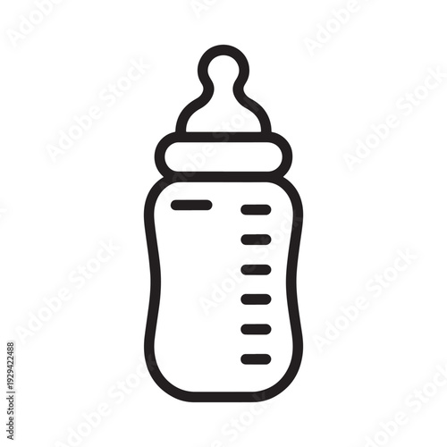 Simple black and white line drawing of a baby bottle with a nipple