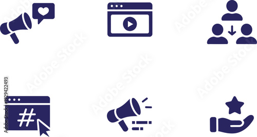 Social Media Marketing and Digital Communication Icons. Content Strategy, Online Advertising, and Brand Promotion Symbols. Vector Illustration