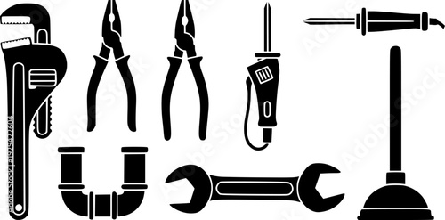 Industrial repair and maintenance tools silhouette set, professional plumbing and mechanical equipment vector illustration.
