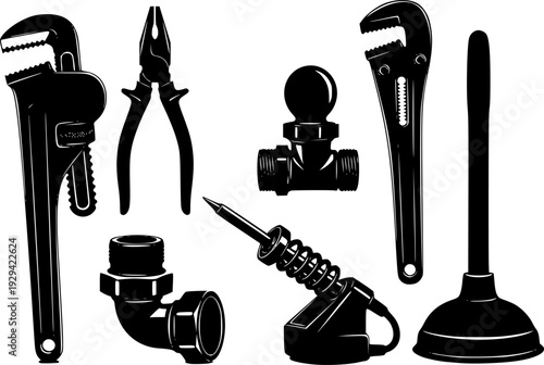 Industrial repair and maintenance tools silhouette set, professional plumbing and mechanical equipment vector illustration.