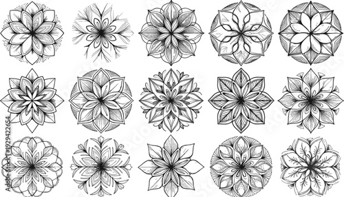 Collection of fifteen intricate black and white mandala illustrations with floral and geometric patterns, showcasing symmetrical line art, meditation, and decorative design concepts