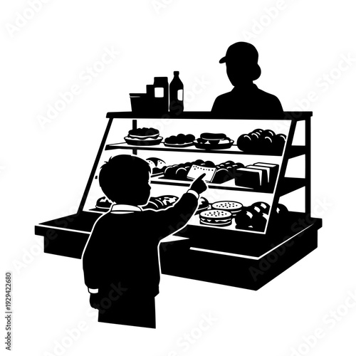 Black and white silhouette of a child pointing at food in a display case with a vendor behind the counter.