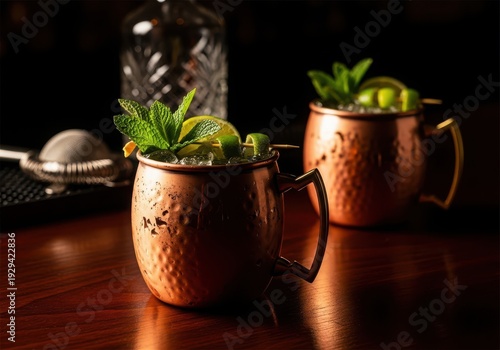Two copper mugs filled with minty drinks on a wooden table with a blurred background