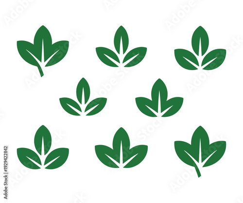 Collection of green triple leaf sprout icons representing growth sustainability and organic products