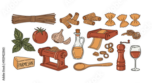 Assorted Mediterranean Cuisine Ingredients Flat Lay Art Illustration for Italian Food Concept