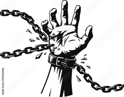 A hand breaking free from a metal chain and cuff