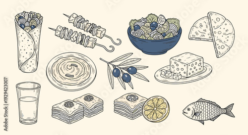 Mediterranean culinary delights: a vibrant collection of hand-drawn food designs.