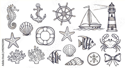 Nautical Marine Sea Life Collection with Crab Seahorse Lighthouse and Anchor