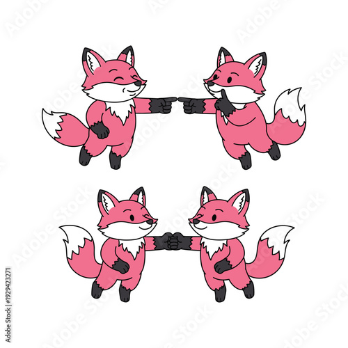 Cartoon foxes holding hands in friendship gesture with cute expression