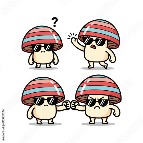 Cartoon mushrooms with sunglasses in various emotional interactions with copy space