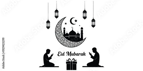 Eid Mubarak crescent moon mosque lanterns stars Islamic celebration religious holiday culture tradition prayer gift festive greeting flat vector illustration