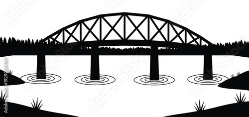 Silhouette of a steel truss bridge over a serene river landscape