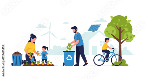 Sustainable Living: Family Gardening, Recycling, Green Energy & Eco-friendly Lifestyle Illustration