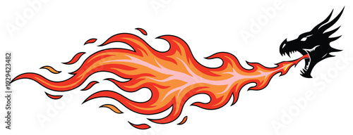 Dragon breathing vibrant fiery flames in dynamic motion