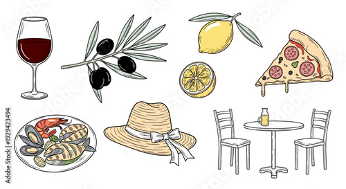 Mediterranean food drink and travel illustrations for summer
