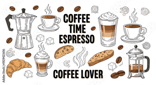 Vibrant illustration of coffee elements beans and bakery 