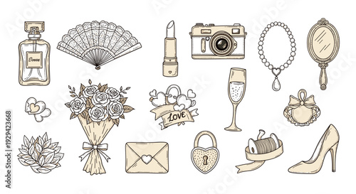 Illustration Set of Vintage Personal Accessories and Romantic Elements 