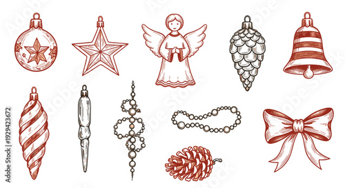 Christmas Holiday Ornament Collection Drawn Style 