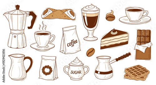 A delightful collection of coffee elements and sweet treats illustration 