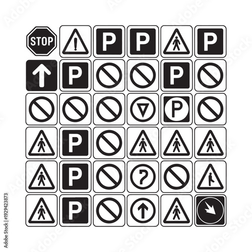 Collection of black and white road signs including stop yield and parking indicators