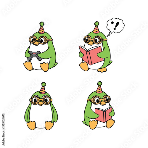 Cartoon penguins reading and wearing party hats with copy space