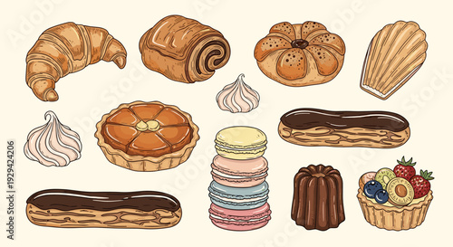 Assorted French Pastries and Baked Goods Hand-Drawn Illustration Collage Art Print