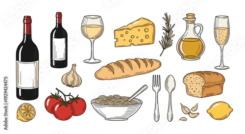 Rich assortment of fresh Italian food ingredients and beverages hand drawn illustration