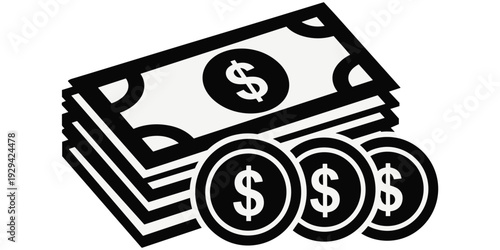 Money currency symbol stack of bills coins dollar sign financial wealth banking economy savings investment cash flat vector illustration