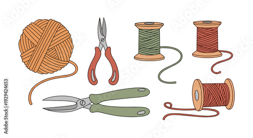 A collection of sewing and craft tools: threads, yarns, and scissors