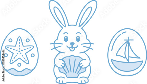 Beach easter bunny and eggs coastal ocean sea theme hunt party outline drawing cute pastel blue aesthetic. Rabbit holding seashell starfish boat inside egg illustration clipart sticker bundle pack.