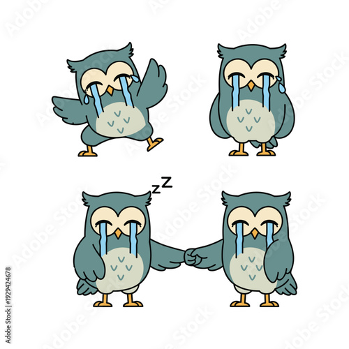 Crying cartoon owls showing sadness and sleepiness with copy space