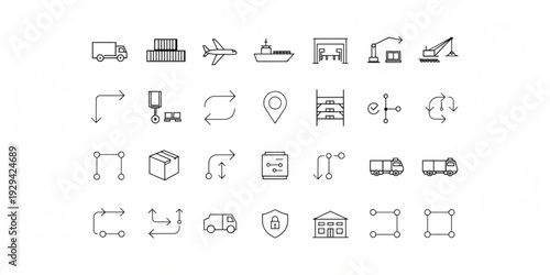 Vector line icons depicting global logistics, supply chain management, and transportation processes. Ideal for modern digital interfaces, applications, and business websites