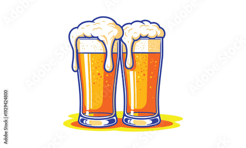 Cartoon Tall Beer Glasses with Overflowing Foamy Head and Yellow Base