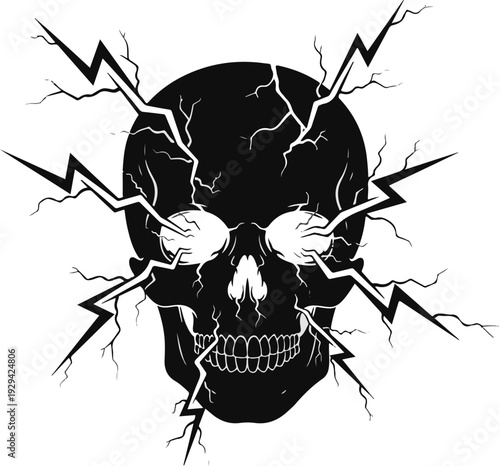 A dramatic illustration of a skull with lightning bolts striking it