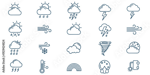 Weather icon illustration, dark blue line art, sun cloud rain, lightning wind snow, tornado rainbow moon, meteorology motif, decorative artwork, flat vector design
