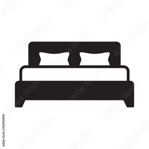 Simple black silhouette of a bed with pillows representing sleep and furniture