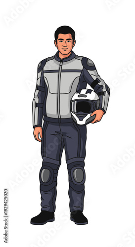 Male motorcyclist standing while holding helmet and wearing gear  