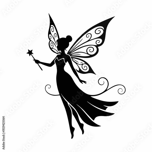 Magical Fairy Silhouette Flying with Magic Wand and Butterfly Wings isolated on White Background