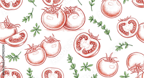 Vintage Illustration of Fresh Tomatoes and Herbs, Hand-Drawn Food Design