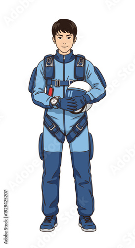 Astronaut in blue space suit holding helmet and smiling  