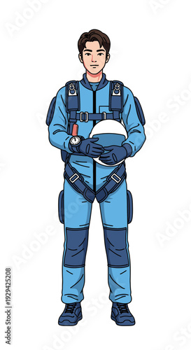 Astronaut holding helmet while standing in blue space suit  