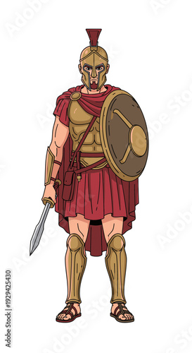 Ancient Greek warrior in armor holding a sword and shield  