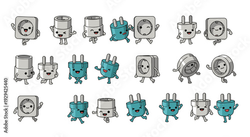 Cartoon electrical plugs and sockets in playful poses with smiles  