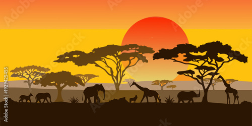 African savanna silhouette with wildlife against a vibrant sunset backdrop