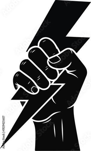 A powerful hand gripping a bold black lightning bolt icon