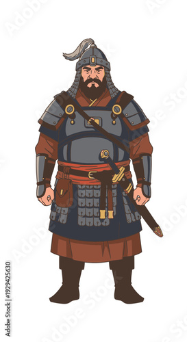 Armored warrior standing confidently with sword in traditional attire  