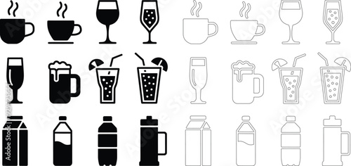 Beverage in black and white silhouette and outline styles