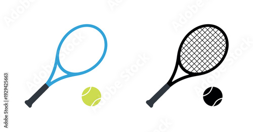 Tennis Racket and Ball Icon Set, Flat Sport Pictogram Vector Illustration